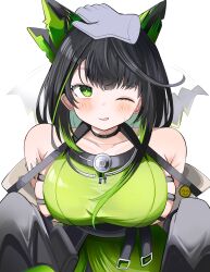 1girl 1other absurdres afterimage arknights bare_shoulders black_hair black_jacket breasts disembodied_hand dress fang green_dress green_eyes green_hair headpat highres jacket large_breasts mon3tr_(arknights) multicolored_hair off_shoulder one_eye_closed open_clothes open_jacket parted_lips simple_background sleeveless sleeveless_dress spam_(spamham4506) tail tail_wagging two-tone_hair upper_body white_background