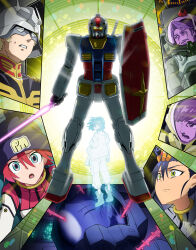 1girl 3girls 4boys amate_yuzuriha aqua_eyes beard black_hair blonde_hair bodysuit breasts challia_bull char_aznable closed_eyes closed_mouth cockpit commentary_request conch_(gundam) energy_sword epaulettes facial_hair glowing gundam gundam_gquuuuuux helmet highres holding holding_sword holding_weapon jacket lalah_sune long_hair mask mecha mecha_focus mecha_pilot_suit military military_uniform mobile_suit multicolored_bodysuit multiple_boys multiple_girls mustache normal_suit_(gundam) nyaan_(gundam_gquuuuuux) open_mouth red_hair red_jacket robot rx-78-2_gundam science_fiction shield shirt short_hair shuji_ito sword uemukai_dai v-fin weapon xavier_olivette yellow_eyes zeknova zeon