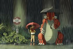 1girl absol alternate_color ariekochan bandana black_shorts blue_eyes breasts brown_hair gen_3_pokemon groudon highres holding holding_umbrella jacket large_breasts legendary_pokemon mawile may_(pokemon) nintendo outdoors poke_ball pokemon pokemon_(creature) pokemon_rse rain ralts red_bandana red_jacket shiny_pokemon shorts skirt spikes standing tonari_no_totoro twitter_username umbrella watermark white_skirt yellow_eyes