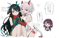 3girls arknights black_capelet black_hair black_necktie black_vest blue_dress braid breasts camera capelet chibi china_dress chinese_clothes closed_mouth collared_shirt dragon_girl dragon_horns dragon_tail dress dusk_(arknights) fang green_hair grey_hair highres holding holding_camera horns lava_(arknights) lava_the_purgatory_(arknights) long_hair match_bou_(match_match03) medium_breasts multicolored_hair multiple_girls necktie nian_(arknights) open_mouth pelvic_curtain pointy_ears purple_eyes purple_hair red_eyes red_hair shirt simple_background sleeveless sleeveless_dress streaked_hair tail very_long_hair vest white_background white_dress white_shirt
