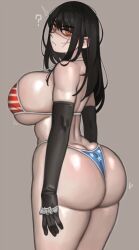 Rule 34 | 1girl, absurdres, american flag, american flag bikini, american flag print, ass, bikini, black hair, breasts, butt crack, chainsaw man, cleavage, cross scar, curvy, elbow gloves, facial scar, flag print, flag print bikini, gloves, grey background, highres, huge breasts, jewelry, kelvin hiu, large breasts, long hair, looking at viewer, mitaka asa, print bikini, print swimsuit, ringed eyes, scar, scar on cheek, scar on face, scar on nose, simple background, solo, standing, swimsuit, thick thighs, thighhighs, thighs, yellow eyes, yoru (chainsaw man)