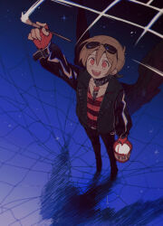 1boy adapted_costume animification bad_boys_(limited_life_smp) bird_boy bird_wings bishounen black_collar black_jacket brown_hair bucket chain collar commentary distortion english_commentary explosive eyewear_on_head fingerless_gloves from_above gloves grian_(youtuber) heart highres holding holding_bucket holding_paintbrush jacket leather leather_jacket life_heart_(traffic_life) light_brown_hair limited_life_smp long_sleeves looking_at_viewer looking_up luminous_slime male_focus minecraft minecraft_youtube official_alternate_costume open_clothes open_jacket open_mouth paintbrush pants perspective red_eyes red_gloves shirt short_hair smile solo standing striped_clothes striped_shirt sunglasses surreal tnt tnt_block_(minecraft) traffic_life_series wings