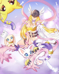 Rule 34 | angel, angel girl, angewomon, animal ears, cat, cat ears, digimon, digimon (creature), gloves, head wings, highres, holy ring, long hair, mask, nyaromon, plotmon, tail, tailmon, wings, yukimibotamon