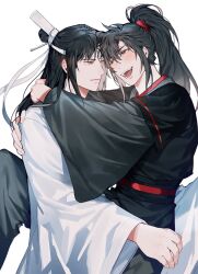 Rule 34 | 2boys, :d, bishounen, black hair, black hanfu, blush, carrying, chinese clothes, closed mouth, couple, eye contact, hair between eyes, hair tie, hanfu, headband, high ponytail, highres, hug, jujeop, korean commentary, lan wangji, long hair, long sleeves, looking at another, male focus, modao zushi, multiple boys, open mouth, ponytail, red eyes, red sash, robe, sash, sidelocks, simple background, sitting, sitting on lap, sitting on person, smile, spread legs, topknot, wei wuxian, white background, white hanfu, white headband, wide sleeves, xiao guan (headdress), yaoi, yellow eyes