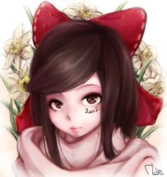 1girl 2017 beji-kun bow brown_eyes brown_hair closed_mouth commentary_request cookie_(touhou) flower hair_bow hakurei_reimu lips long_hair looking_at_viewer portrait red_bow shiromiya_rei sidelocks signature solo swept_bangs touhou white_flower