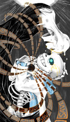 black_cloak blue_eyes cloak eye_contact grey_background highres hood hood_down horror_(theme) leaning_forward long_sleeves looking_at_another phantomreturn ribs sans_(undertale) skeleton skull teeth undertale w.d._gaster yellow_eyes
