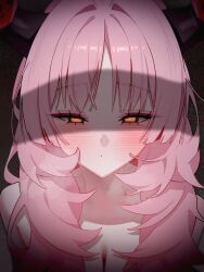 1girl absurdres agnamore black_horns blue_archive blush breasts cleavage closed_mouth commentary_request dot_mouth eyeshadow heart heart_in_eye highres horns large_breasts long_hair makeup nude pink_eyeshadow pink_hair red_horns satsuki_(blue_archive) solo symbol_in_eye upper_body yellow_eyes