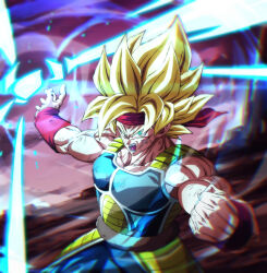 Rule 34 | 1boy, armor, bardock, blonde hair, chromatic aberration, clenched hand, commentary request, cross scar, dragon ball, dragonball z, facial scar, green eyes, headband, male focus, muscular, muscular male, pectoral cleavage, pectorals, red headband, rom (20), saiyan armor, scar, scar on cheek, scar on face, solo, super saiyan, super saiyan 1, upper body