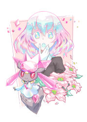 1other androgynous blush crossover diamond_(gemstone) diamond_(houseki_no_kuni) diancie flower gem_uniform_(houseki_no_kuni) gen_6_pokemon houseki_no_kuni legendary_pokemon multicolored_hair mythical_pokemon nintendo open_mouth pokemon pokemon_(creature) smile yan531