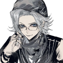 Rule 34 | 1boy, alternate costume, aotsuki eito, binxngchng1, black headscarf, black nails, chinese commentary, glasses, grey eyes, grey hair, grey scarf, hand up, headscarf, highres, jewelry, looking at viewer, male focus, multiple rings, portrait, ring, scarf, short hair, simple background, smile, solo, the hundred line -last defense academy-, white background