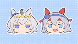 Rule 34 | 2girls, ;d, ahoge, animal ears, blue background, blue eyes, blue hairband, blue ribbon, bow, commentary request, double-parted bangs, ear covers, ear ribbon, fang, gomashio (goma feet), grey hair, hairband, head only, headband, horse ears, horse girl, jitome, looking at viewer, multicolored hair, multiple girls, no mouth, oguri cap (umamusume), one eye closed, open mouth, outline, polka dot, polka dot background, red headband, ribbon, short hair, smile, tamamo cross (umamusume), umamusume, white outline