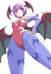 1girl animal_print bat_print bat_wings breasts bridal_gauntlets commentary covered_navel darkstalkers demon_girl from_below fur-trimmed_leotard fur_trim head_wings highres ikaringo_(ikaringo4444) leotard lilith_(darkstalkers) low_wings pantyhose pink_eyes pink_hair print_pantyhose purple_pantyhose red_leotard short_hair simple_background small_breasts solo standing strapless strapless_leotard white_background wings