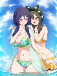 2girls ;d absurdres aqua_ribbon arm_at_side assault_lily bare_arms bare_shoulders behind_another bikini blue_sky blush bow bow_hairband bracelet breasts cleavage closed_mouth cloud collarbone commentary_request cowboy_shot day floral_print flower frilled_bikini frills gluteal_fold green_bikini green_bow green_hair green_hairband green_shirt hair_between_eyes hair_bow hair_ribbon hairband halterneck hand_to_own_mouth hand_up hands_on_another&#039;s_shoulders hands_up heads_together highres jewelry large_breasts long_hair looking_at_another looking_to_the_side low_twintails multi-strapped_bikini_bottom multiple_girls navel official_alternate_costume official_alternate_hairstyle one_eye_closed open_clothes open_mouth open_shirt outdoors print_bikini print_hairband purple_hair revision ribbon ring see-through_clothes see-through_shirt see-through_sleeves shirt short_sleeves sky smile standing stomach swimsuit swimsuit_cover-up thigh_gap twintails twitter_username ueharu wading watanabe_akane watermark wet wet_hair wrist_flower wrist_ribbon yamanashi_hibari yellow_bikini yellow_flower yellow_ribbon