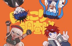 2boys 2girls :d ^_^ amemiya_darumi arms_up black_gloves black_shirt blue_eyes blue_hair closed_eyes commentary crop_top earrings english_commentary eyepatch fingerless_gloves gloves grey_eyes grey_hat grey_jacket haro4869 hat highres hood hoodie jacket japanese_clothes jewelry kawana_tsubasa long_hair looking_at_viewer multicolored_hair multiple_boys multiple_girls nikkori^^chousatai_no_theme_(vocaloid) omokage_yugamu open_mouth orange_background red_hair roots_(hair) shirt short_hair smile sumino_takumi the_hundred_line_-last_defense_academy- two_side_up w white_hoodie