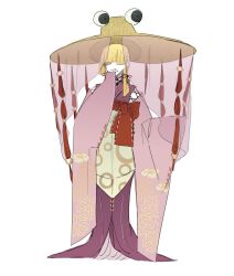 1girl alternate_costume alternate_hairstyle blonde_hair detached_sleeves earrings full_body hand_to_own_mouth hat highres japanese_clothes jewelry kimono long_hair looking_at_viewer moriya_suwako nail_polish purple_kimono pyonta ribbon solo touhou veil white_background yellow_eyes zenritsu