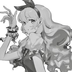 1girl aikatsu! aikatsu!_(series) bow_hairband frilled_sleeves frills from_side greyscale hairband hand_up highres hoshimiya_ichigo long_hair looking_at_viewer monochrome open_mouth profile puffy_short_sleeves puffy_sleeves short_sleeves simple_background smile solo suiso_(owp) upper_body white_background wrist_cuffs