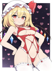 1girl alternate_costume blonde_hair breasts closed_mouth commentary_request crystal crystal_wings flandre_scarlet hat heart heart_background highres medium_breasts medium_hair mob_cap navel red_eyes rizento smile solo thighhighs touhou white_hat white_thighhighs