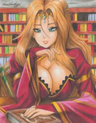 1girl 2023 absurdres alternate_costume alternate_universe book breasts cleavage_cutout clothing_cutout commission cornelia_arnim fan_design fire_emblem fire_emblem:_three_houses fire_emblem_heroes fire_emblem_warriors:_three_hopes hand_on_own_chin highres holding holding_book large_breasts library looking_at_viewer mature_female mole mole_above_mouth mole_on_breast mole_on_chest nintendo orange_hair ravernclouk_design revealing_clothes