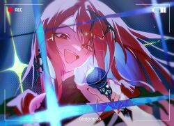 Rule 34 | 1girl, absurdres, battery indicator, blue background, elizabeth rose bloodflame, highres, holding, holding microphone, hololive, hololive english, insfidelie, long hair, microphone, nail polish, open mouth, recording, red eyes, red hair, solo, upper body, virtual youtuber