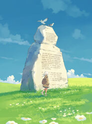 1girl backpack bag bird blue_sky braid cloud commentary daisy dark-skinned_female dark_skin day english_commentary english_text field flower full_body grass highres long_sleeves monument original outdoors scenery seagull shorts sky solo standing taizo_(taizo_03) twin_braids white_bird white_flower white_hair wide_shot