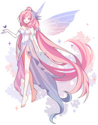 1girl absurdres bare_legs barefoot breasts bug butterfly commentary diamond-shaped_pupils diamond_(shape) dress elf elysia_(herrscher_of_human:_ego)_(honkai_impact) elysia_(honkai_impact) fairy_wings flower hair_flower hair_ornament highres honkai_(series) honkai_impact_3rd insect kaeliamoon long_hair official_alternate_costume pink_hair pointy_ears purple_eyes solo symbol-shaped_pupils toes very_long_hair white_background white_dress wings