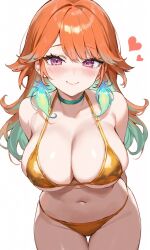 1girl bikini blush breasts choker cleavage cowboy_shot foame gold_bikini golden_week_bikini gradient_hair green_choker green_hair heart highres hololive hololive_english large_breasts looking_at_viewer multicolored_hair navel orange_hair simple_background smile solo swimsuit takanashi_kiara thigh_gap virtual_youtuber white_background