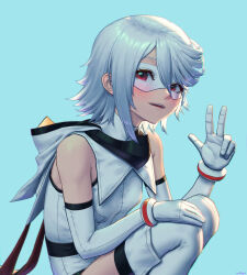 1girl :d absurdres bare_shoulders blush breasts brown_eyes elbow_gloves ellinyse eye_mask from_side gloves grey_hair highres hood hood_down hooded_leotard leotard open_mouth short_hair shy_(character) shy_(series) small_breasts smile solo squatting swept_bangs teeth thighhighs upper_teeth_only w white_gloves white_leotard white_mask white_thighhighs