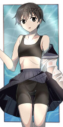 1girl bike_shorts black_hair floating grey_eyes haida_katsuretsu light_blush open_mouth original ribs school_uniform solo sports_bra thigh_gap tomboy wet wet_clothes