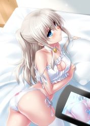 10s 1girl ass bare_shoulders bed bell blue_eyes blush bra breasts camcorder cat_cutout cat_ear_panties cat_lingerie charlotte_(anime) choker cleavage cleavage_cutout clothing_cutout female_focus half_updo jingle_bell long_hair lying medium_breasts neck_bell on_side panties parted_lips pillow recording side-tie_panties silver_hair solo strap_slip thighhighs tomori_nao twintails two_side_up underwear video_camera zen