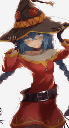 Rule 34 | 1girl, belt, blue eyes, blue hair, braid, brown belt, closed mouth, cosplay, crossed bangs, dress, female focus, fingerless gloves, gloves, hands on headwear, hat, kono subarashii sekai ni shukufuku wo!, long hair, looking at viewer, matching hair/eyes, megumin, megumin (cosplay), mushoku tensei, nakami chihiro, off shoulder, red dress, roxy migurdia, smile, solo, standing, twin braids, white background, witch hat
