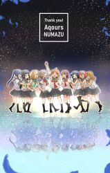 6+girls ^_^ ahoge aqua_neckerchief arm_up black_hair black_socks black_thighhighs blonde_hair blue_hair blunt_bangs bow braid brown_hair closed_eyes clover_hair_ornament commentary_request facing_viewer fang green_eyes grey_hair grey_sailor_collar grey_skirt group_name hair_bow hair_bun hair_ornament half_updo highres kanduki_kamibukuro kneehighs kunikida_hanamaru kurosawa_dia kurosawa_ruby long_hair looking_at_another love_live! love_live!_sunshine!! matsuura_kanan medium_hair miniskirt multiple_girls neckerchief ohara_mari orange_hair place_name pleated_skirt purple_eyes raised_fist red_hair red_neckerchief reflection sailor_collar sakurauchi_riko school_uniform serafuku shirt short_hair short_sleeves side_braid single_side_bun skin_fang skirt sleeveless sleeveless_shirt socks summer_uniform takami_chika thank_you thighhighs tsushima_yoshiko uranohoshi_school_uniform watanabe_you white_shirt yellow_bow yellow_eyes yellow_neckerchief zettai_ryouiki