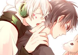 2boys bite_mark black_eyes black_hair blush closed_eyes headphones kagerou_project kisaragi_shintarou konoha_(kagerou_project) lovehammer male_focus multiple_boys open_mouth ponytail rabbit short_hair short_ponytail sweatdrop vocaloid white_background white_hair yamaha yaoi