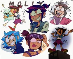 1boy 1girl blue_hair brown_eyes brown_hair dori10961789 eyewear_on_head ghost light_blue_hair long_hair looking_at_viewer molly_mcgee multicolored_hair multiple_persona open_mouth ponytail scratch_(the_ghost_and_molly_mcgee) shirt short_hair skirt smile streaked_hair sunglasses the_ghost_and_molly_mcgee toon_(style)