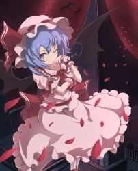 Rule 34 | 1girl, absurdres, artist name, bat (animal), bat wings, closed mouth, commentary request, feet out of frame, frilled skirt, frilled wrist cuffs, frills, gurina 15, hat, highres, long skirt, mob cap, one eye closed, petals, pink skirt, puffy short sleeves, puffy sleeves, purple hair, red eyes, remilia scarlet, rose petals, short hair, short sleeves, skirt, skirt set, smile, solo, touhou, wings, wrist cuffs