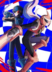 Rule 34 | 2boys, arm blade, arm cannon, armor, back-to-back, black bodysuit, blue background, blue helmet, bodysuit, energy sword, grey hair, helmet, highres, long hair, male focus, mega man (series), mega man battle network (series), megaman.exe, multiple boys, nemui uuuuuu, protoman.exe, red armor, red helmet, standing, sword, weapon