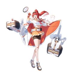 1girl artist_request bandaid bandaid_on_leg belt bike_shorts black_survival blue_eyes bow braid brown_shorts cannon coat coat_on_shoulders crop_top crop_top_overhang crossed_legs eternal_return:_black_survival full_body hair_bow hand_up highres holding holding_megaphone justyna_(black_survival) justyna_(prefect)_(black_survival) knee_pads long_hair long_sleeves loose_belt megaphone midriff miniskirt multicolored_hair neckerchief non-web_source official_art open_mouth orange_sailor_collar orange_skirt outstretched_arm pleated_skirt ponytail red_hair red_neckerchief sailor_collar school_uniform serafuku shirt shoes shorts shorts_under_skirt single_knee_pad skirt smile sneakers solo sparkling_eyes stomach streaked_hair transparent_background watson_cross whistle white_coat white_shirt