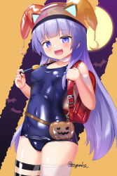 1girl backpack bag blue_eyes blush breasts crime_prevention_buzzer dress halloween highres indie_virtual_youtuber latex long_hair looking_at_viewer mitsuki_awano naka_(cheeseyeast) open_mouth original randoseru red_bag school_swimsuit shiny_clothes single_thighhigh small_breasts smile solo swimsuit thighhighs virtual_youtuber