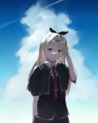 Rule 34 | 1girl, black bow, black capelet, blonde hair, blue sky, bow, brown eyes, capelet, highres, long hair, necktie, red necktie, school uniform, sky, solo, tsui no sora, tsui no sora (remake), yokoyama yasuko, yuame kagari
