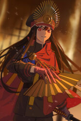 1girl absurdres black_hair black_hat black_jacket black_pants blurry cape commentary_request cowboy_shot depth_of_field fate/grand_order fate_(series) fuji0701 gloves grin hand_fan hat highres holding holding_fan holding_sword holding_weapon indoors jacket katana long_hair long_sleeves looking_at_viewer oda_nobunaga_(fate) oda_nobunaga_(koha-ace) oda_uri pants paper_fan parted_lips peaked_cap red_cape red_eyes red_gloves smile solo sword weapon