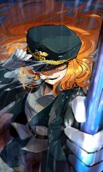 Rule 34 | 1girl, :d, absurdres, belt, dress shirt, feet out of frame, freckles, gloves, green hat, green jacket, green pants, hashtag-only commentary, hat, highres, holding, holding unworn clothes, holding unworn hat, ishmael (project moon), jacket, limbus company, long hair, looking at viewer, military hat, military uniform, mogepiko, one eye covered, open mouth, orange eyes, orange hair, pants, pequod (identity) (project moon), pipe in mouth, project moon, shirt, smile, smoking, smoking pipe, solo, unworn hat, unworn headwear, very long hair, white gloves