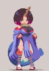 animated animated_gif bare_shoulders black_hair blue_eyes bouncing_breasts breasts detached_sleeves elma_(maidragon) fins fish_tail gradient_hair horn huge_breasts kobayashi-san_chi_no_maidragon looking_at_viewer multicolored_hair pixel_art purple_hair sakuemon sandals scarf smile socks tail thick_thighs thighs wide_hips wide_sleeves