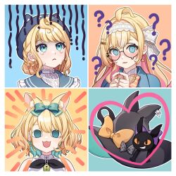 Rule 34 | 1girl, :3, :d, ?, @ @, ahoge, animal ear fluff, animal ears, animal hat, aqua eyes, aqua hair, aqua nails, blank eyes, blonde hair, blush, bow, cat ears, cat hat, colored inner hair, crown earrings, crying, crying with eyes open, earrings, hair bow, hairband, hat, hat bow, heart, highres, index fingers together, jewelry, large hat, long hair, looking at viewer, lucie (millie parfait), medium hair, millie parfait, millie parfait (3rd costume), millie parfait (4th costume), multicolored hair, multiple views, nijisanji, nijisanji en, open mouth, parted lips, pink hair, senmi (vvv 1864), smile, streaked hair, sweat, tears, virtual youtuber, white hairband, witch hat