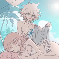 Rule 34 | 1boy, 1girl, :d, animal bag, ball, bare shoulders, bikini, blunt bangs, breasts, brown hair, cat bag, collarbone, danganronpa (series), danganronpa 2: goodbye despair, danganronpa s: ultimate summer camp, day, flipped hair, galaga, grey hair, hair between eyes, holding unworn jacket, jacket, komaeda nagito, komanami kawaii, large breasts, messy hair, mole, mole on breast, nanami chiaki, navel, open mouth, pink bag, pink eyes, smile, swimsuit, white bikini, white jacket