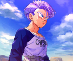 Rule 34 | 1boy, aged down, blue eyes, blue shirt, blue sky, boriroba, capsule corp, cloud, commentary request, crying, crying with eyes open, day, dragon ball, dragonball z, floating hair, grey pants, highres, looking ahead, male focus, muscular, muscular male, outdoors, pants, purple hair, raglan sleeves, shirt, shirt tucked in, short hair, side part, sky, solo, sweatpants, tears, toriyama akira (style), trunks (dragon ball), trunks (future) (dragon ball), upper body, white shirt