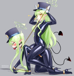 2girls absurdres ball_gag black_bodysuit black_tail blowing_whistle blue_archive bodysuit chain chain_leash demon_tail flat_chest gag gagged gloves green_hair green_halo halo high_heels highres hikari_(blue_archive) holding holding_leash impossible_bodysuit impossible_clothes incest latex latex_bodysuit leash long_hair maguro27 multiple_girls nozomi_(blue_archive) pet_play pointy_ears rabbit_pose riding saliva siblings sisters skin_tight tail twincest twins twintails very_long_hair whistle white_gloves yellow_eyes