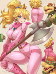 1girl ass biker_peach blonde_hair blue_eyes bodysuit bowser breasts commentary covered_erect_nipples crown dress earrings elbow_gloves english_commentary facial_hair gloves hair_between_eyes hat highres holding holding_polearm holding_weapon huge_ass jammeryx jewelry long_hair mario mario_(series) medium_breasts multiple_views mustache nintendo nipples patreon_logo patreon_username peaked_cap pink_bodysuit pink_dress pink_gloves polearm ponytail princess_peach red_headwear signature simple_background skin_tight sphere_earrings the_super_mario_bros._movie twitter twitter_logo weapon