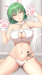 1girl absurdres animal_cutout animal_ears animal_hands bell blurry blurry_background bra breast_tattoo breasts cat_cutout cat_ear_panties cat_ears cat_girl cat_lingerie cat_tail cleavage_cutout clothing_cutout commentary english_commentary frilled_bra frills gloves green_hair highres hikage_(senran_kagura) hip_tattoo jingle_bell large_breasts medium_hair meme_attire navel neck_bell panties paw_gloves paw_pose senran_kagura side-tie_panties sitting slit_pupils snake_print snake_tattoo solo tail tattoo underwear underwear_only wariza yellow_eyes zib_(boriku)