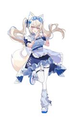 1girl four-finger_heart_hands alternate_costume alternate_hairstyle animal_ear_fluff animal_ears blonde_hair blue_dress blue_hair blue_leg_warmers commentary dog_ears dog_girl dog_tail dress full_body fuwawa_abyssgard hashtag-only_commentary heart heart_hands highres hololive hololive_english leg_warmers long_hair maid maid_headdress multicolored_hair pink_eyes solo streaked_hair tail twintails two-tone_hair very_long_hair virtual_youtuber yuni_animal_(remyi_3)