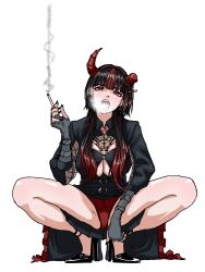 absurdres black_hair bluejump breasts broken_horn broken_horns cameltoe chain cigarette cleavage cleavage_cutout clothing_cutout cross cross_earrings dress earrings fangs gloves grey_gloves hair_ornament high_heels highres holding holding_cigarette horns jegal_geumja jewelry large_breasts long_hair mannerheim0426 mole mole_on_breast multicolored_hair panties red_eyes red_hair red_horns red_panties simple_background slit_pupils smoke smoking spread_legs underwear white_background