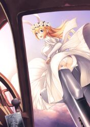 Rule 34 | 1girl, a9b (louis814), airplane interior, ass, blonde hair, blue eyes, blush, breasts, bride, charlotte e. yeager, dress, flower, flying, garter straps, hair flower, hair ornament, highres, large breasts, long hair, looking at viewer, open mouth, panties, sky, smile, solo, strike witches, striker unit, underwear, wedding dress, white panties, world witches series